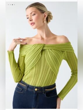 Marciano Off-Shoulder Twist Ribbed Sweater - Lime Green - Size S